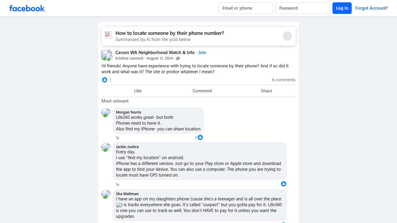 Carson WA Neighborhood Watch & Info | Hi friends! Anyone have experience with trying to locate someone by their phone | Facebook